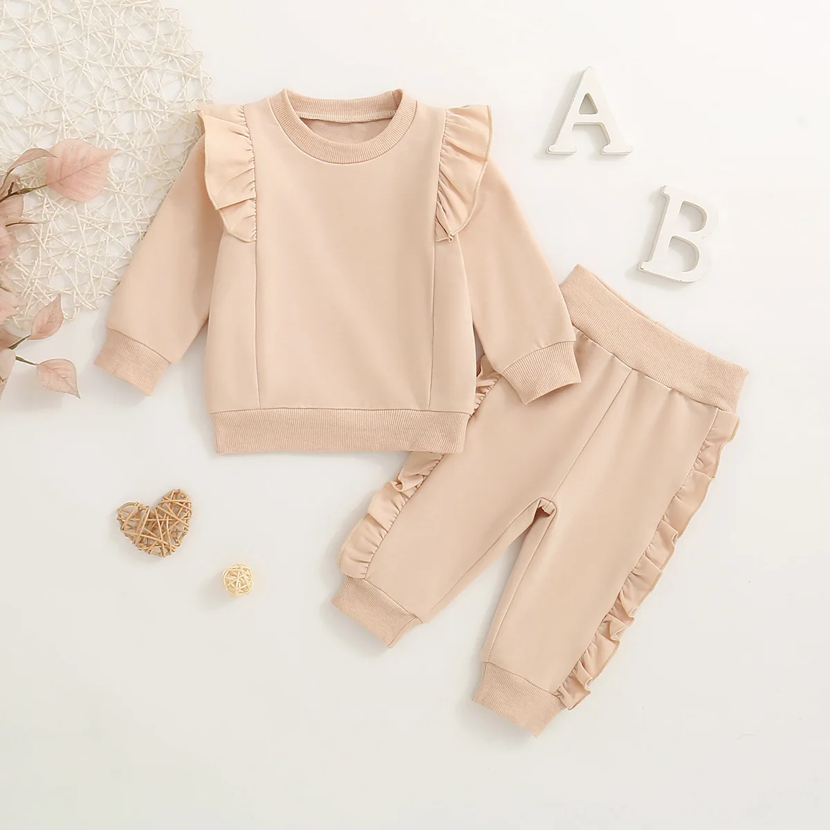 Autumn baby girl solid color pleated lace long-sleeved T-shirt top and trousers two-piece set