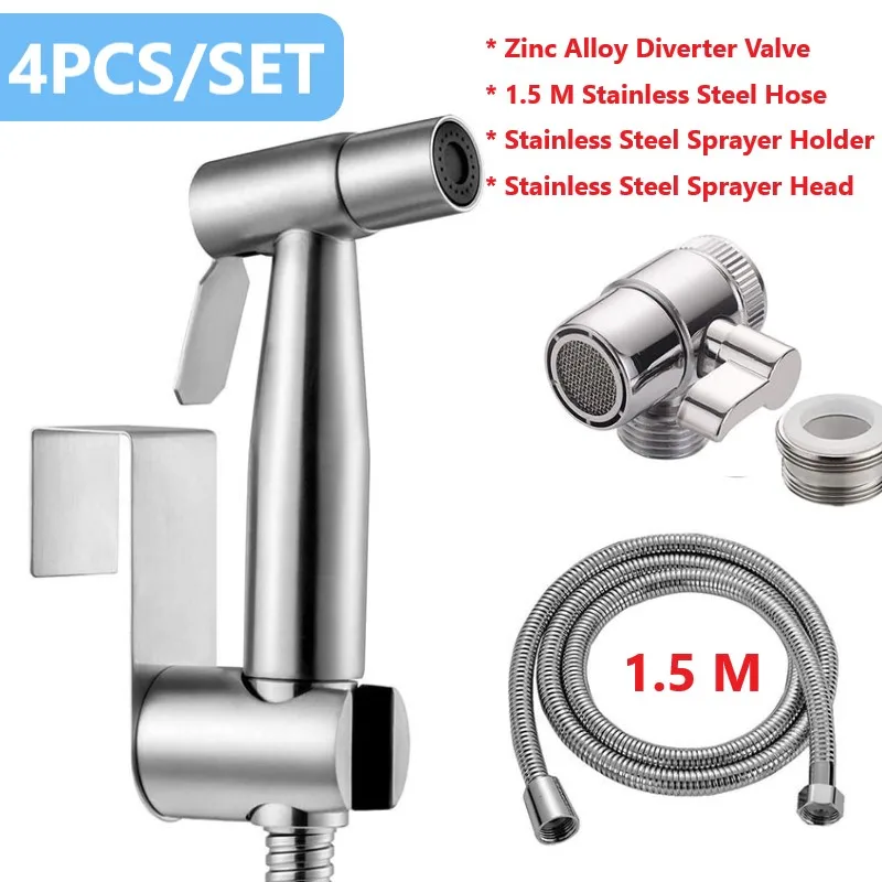 4PCS Handheld Toilet Bidet Spary Set Stainless Steel Shower Head & Holder Bathroom Sprayer Self Cleaning Faucet Kits 1.5M Hose