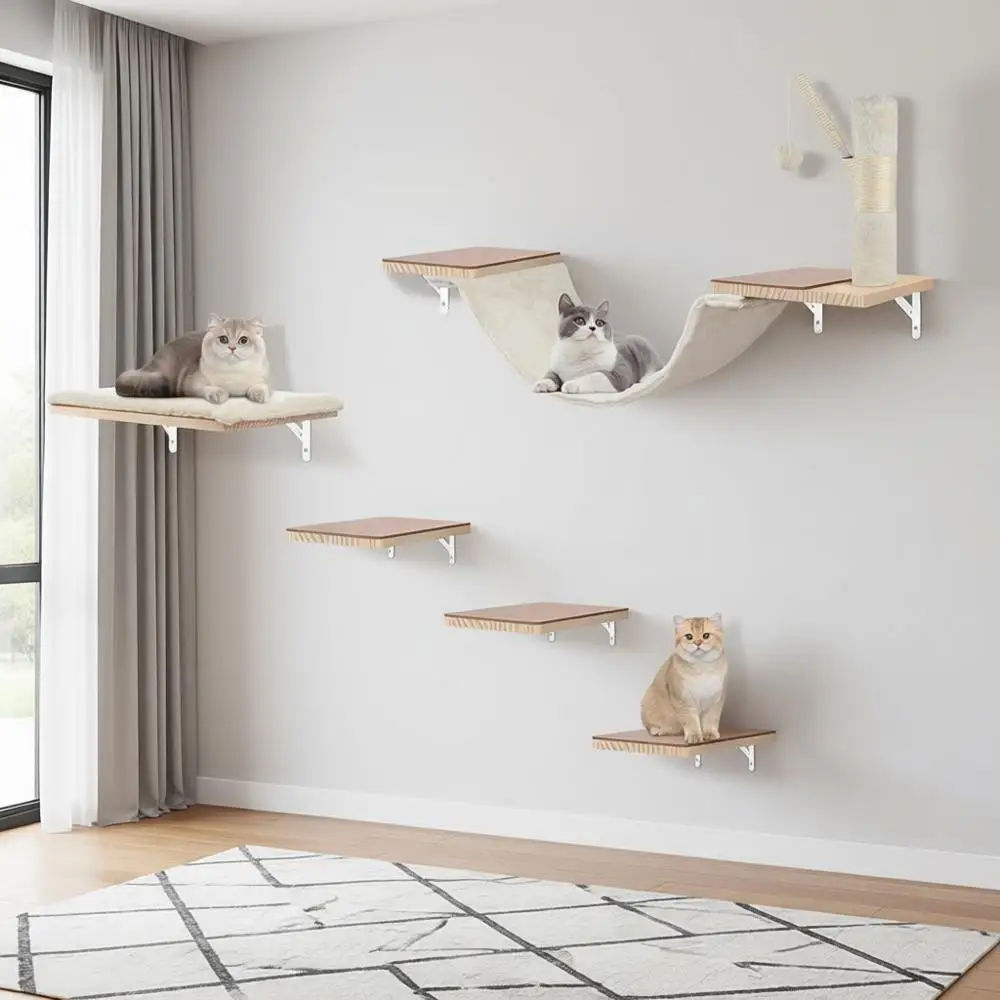 

Wall Mounted Cat Climber Set with Hammock, Jumping Boards, Sofa, Steps, Scratching Post, Hanging Ball, and Felt Pads - Beige