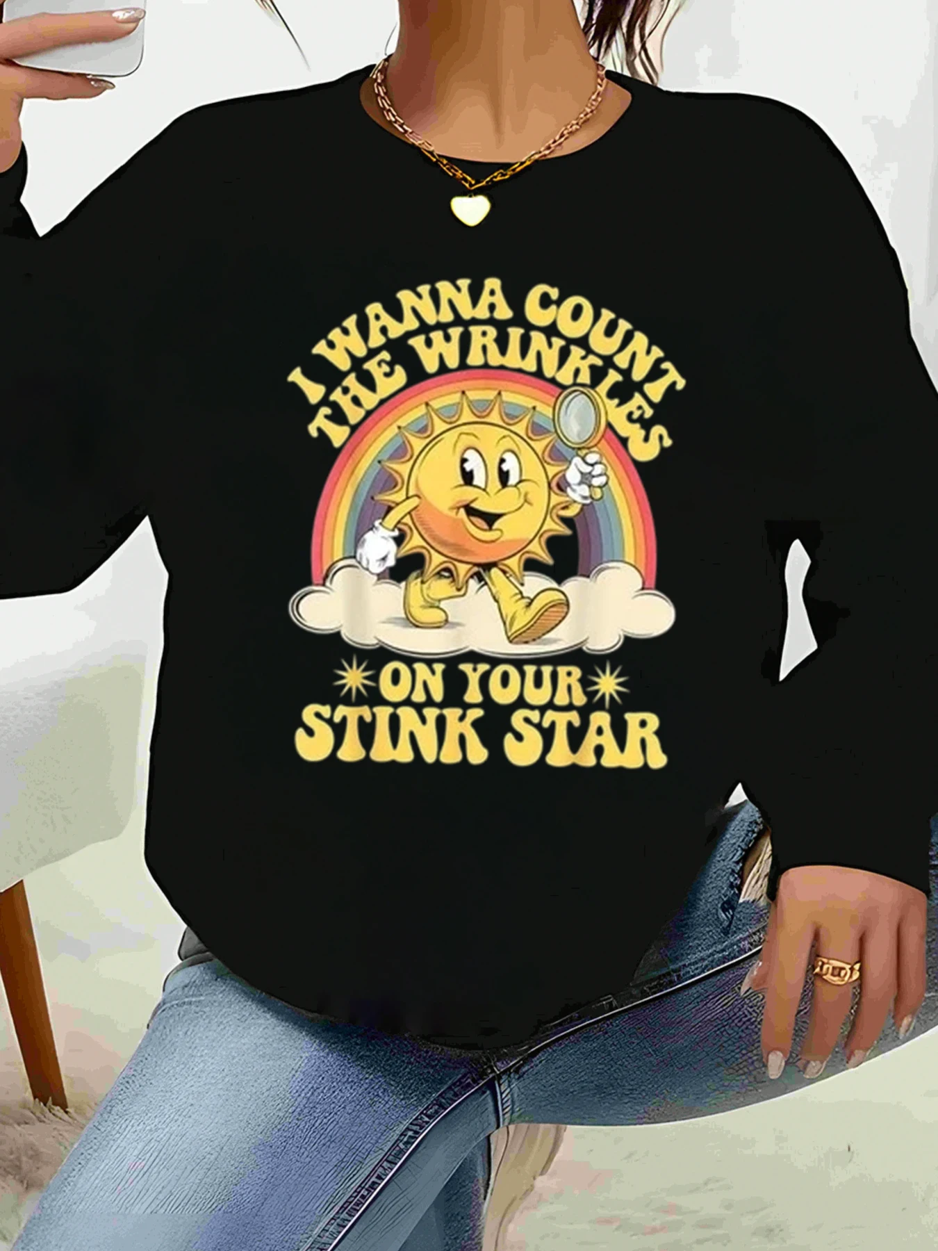 Sunshine Cartoon Print Eu quero contar as rugas em sua estrela fedora Camiseta de manga comprida Roupa casual Moda feminina