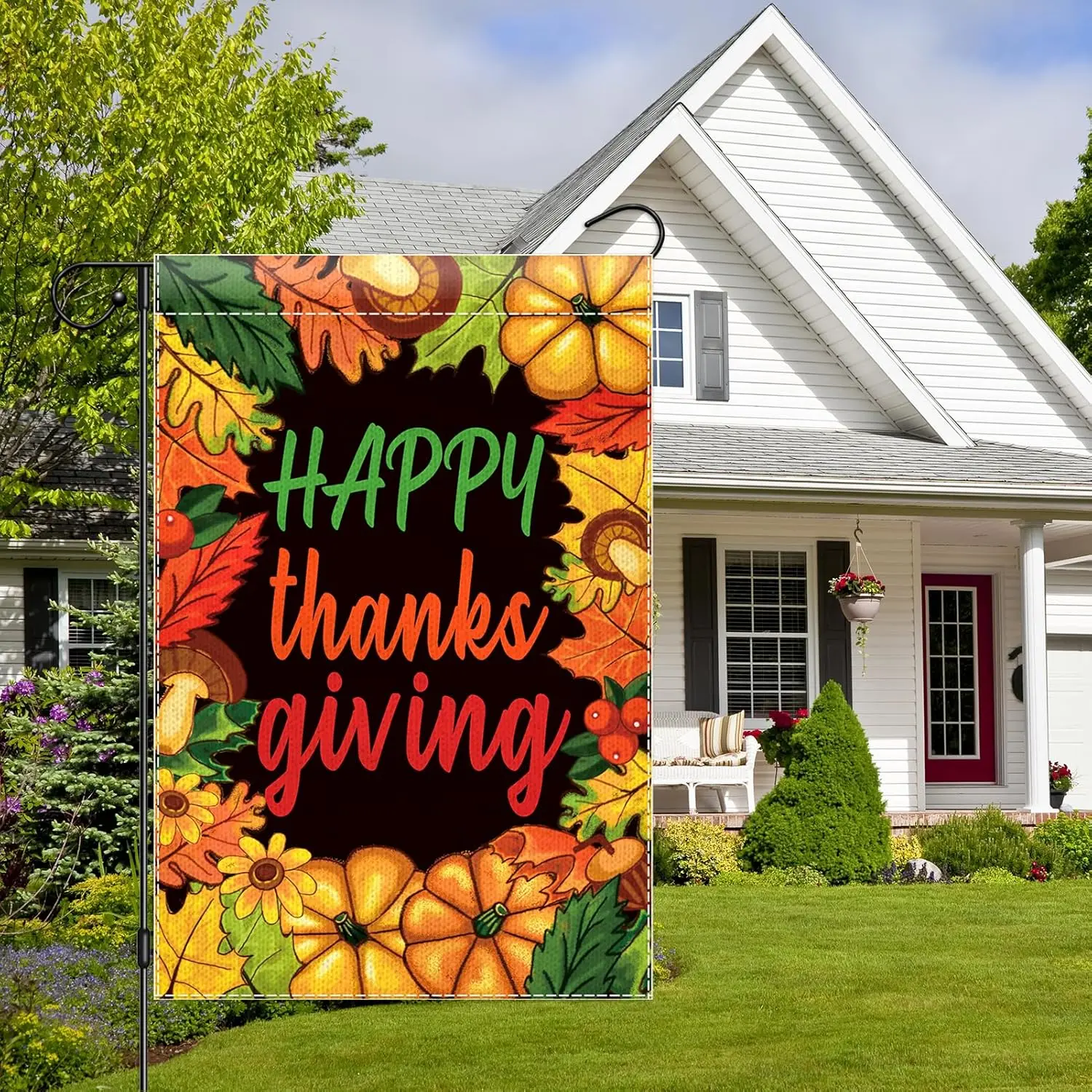 Happy Thanksgiving Flag 12x18 Double Sided, Maple Leaves Pumpkins Yard Flag Decorative for Autumn, Small Seasonal Burlap Hou SSL