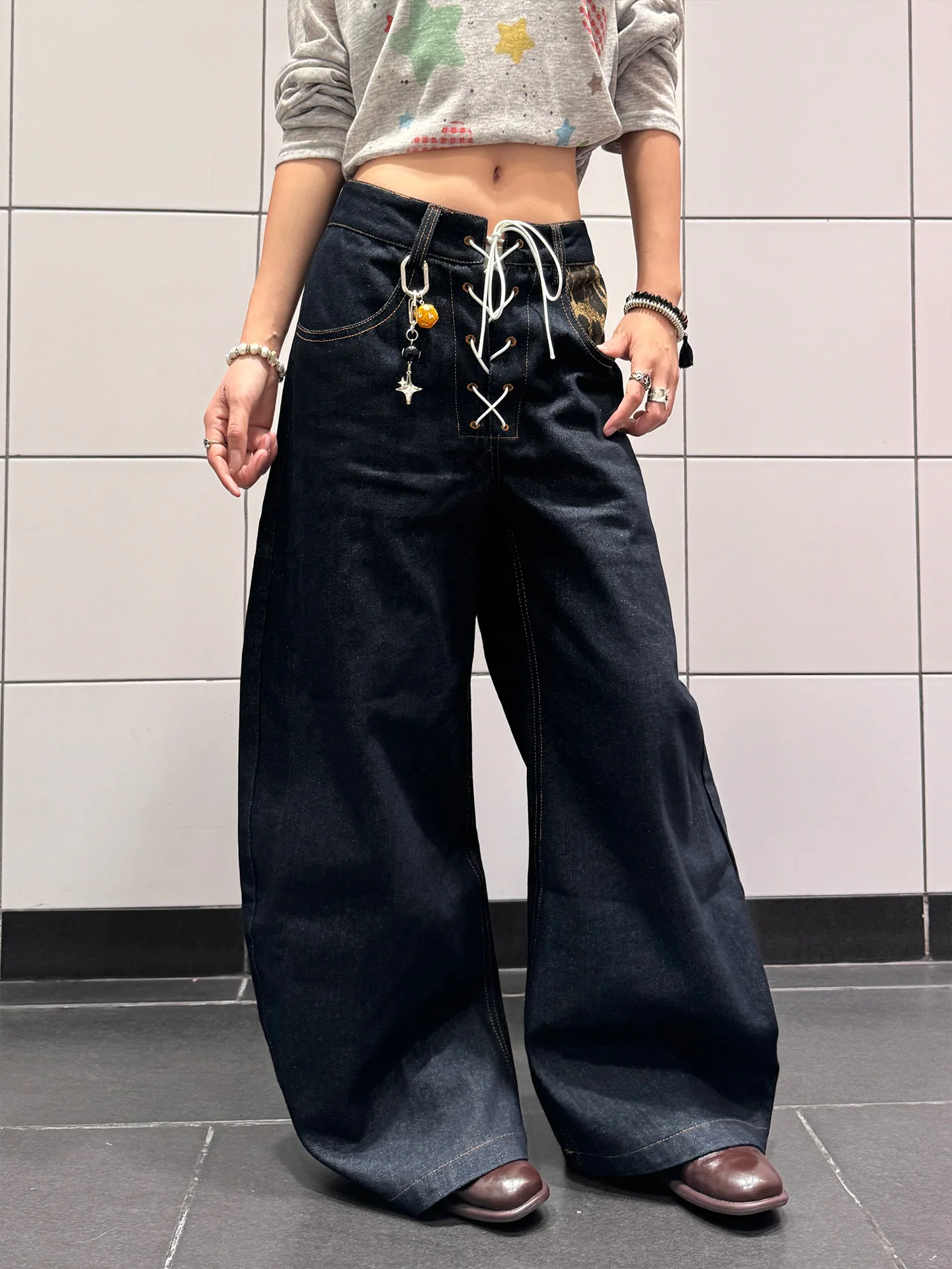 

Retro American Leopard Print Patchwork Jeans Loose Wide Leg Pants Men Women Street Style Floor Length Couples Cargo Trousers