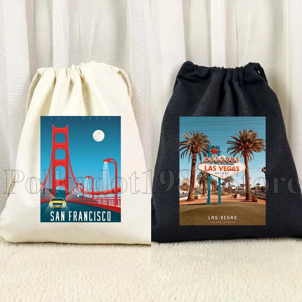 New York Las Vegas Miami Seattle San Francisco Travel Poster Canvas Drawstring Bags Sports Soccer Backpack Sackpack String Bag