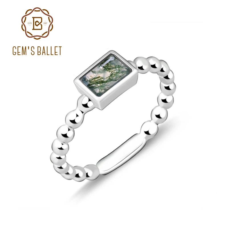 GEM'S BALLET Dainty 0.53Ct Natural Moss Agate Gemstone Ring in 925 Sterling Silver Bead Band Ring Mothers Day Gifts