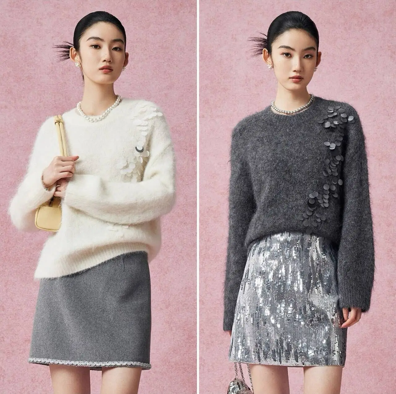 Elegant Lazy Style Grey Sequin Sweater Women's Loose Knitted Top Autumn Winter Full Sleeve Solid Color Wool Pullovers F325