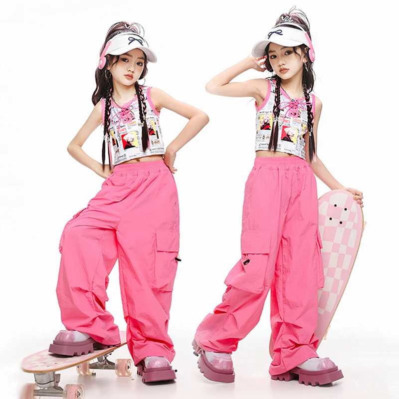 

Jazz Dance Costume Girls Hip Hop Set Shuffle Pants Pink Crop Tops Kpop Performance Outfit Children's Clothing Streetwear VDL3506