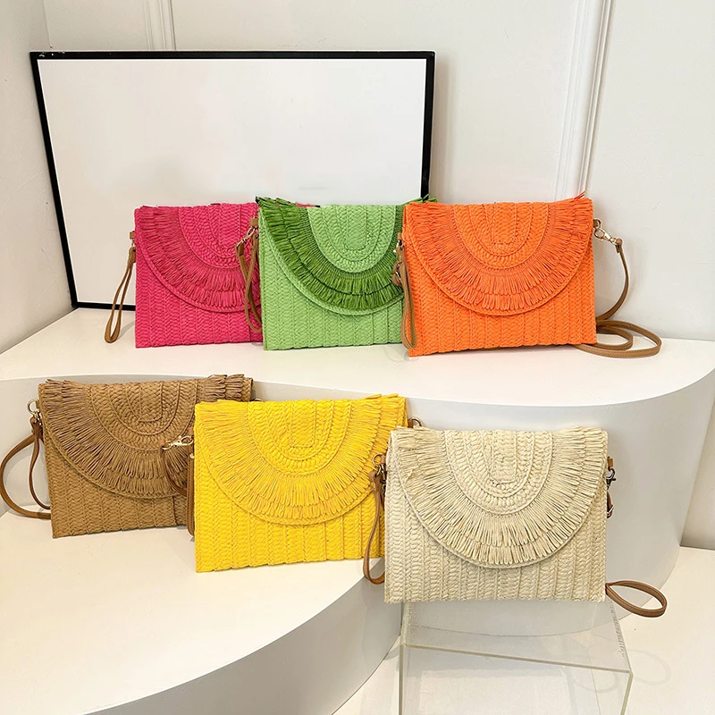 Straw Handmade Weave Clutch Bag Solid Color Pouch Purse Female Summer Flap Bohe Beach Wallets Crossbody Bag image 5