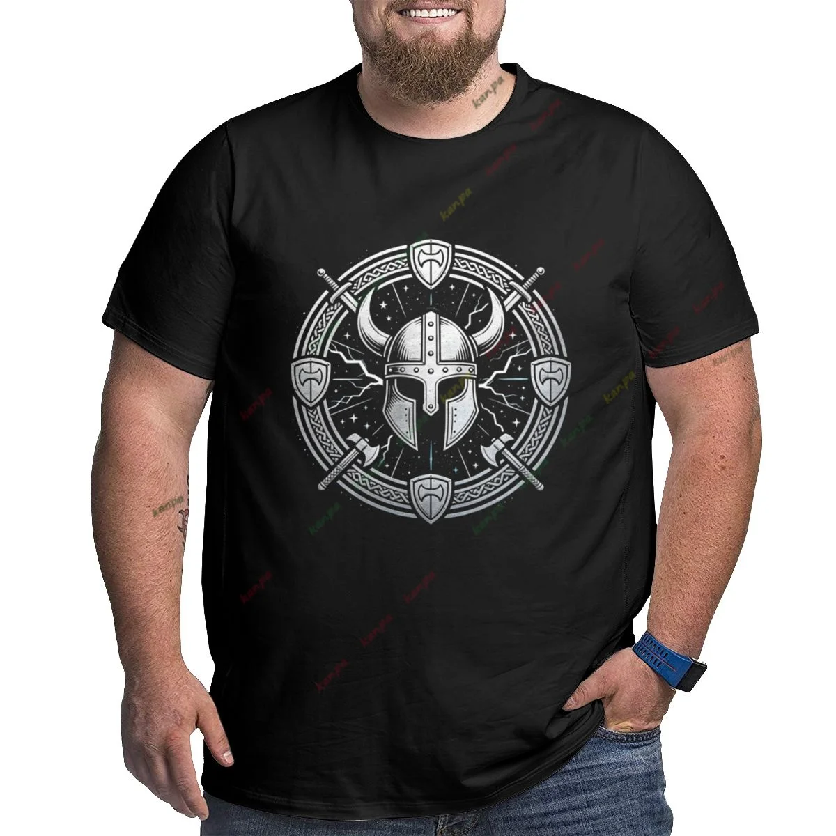 Men's Plus Size Casual T-Shirt 110-180kg Vintage European Knight Helmet Graphic Tee Round Neck Short Sleeve Oversized Top Black