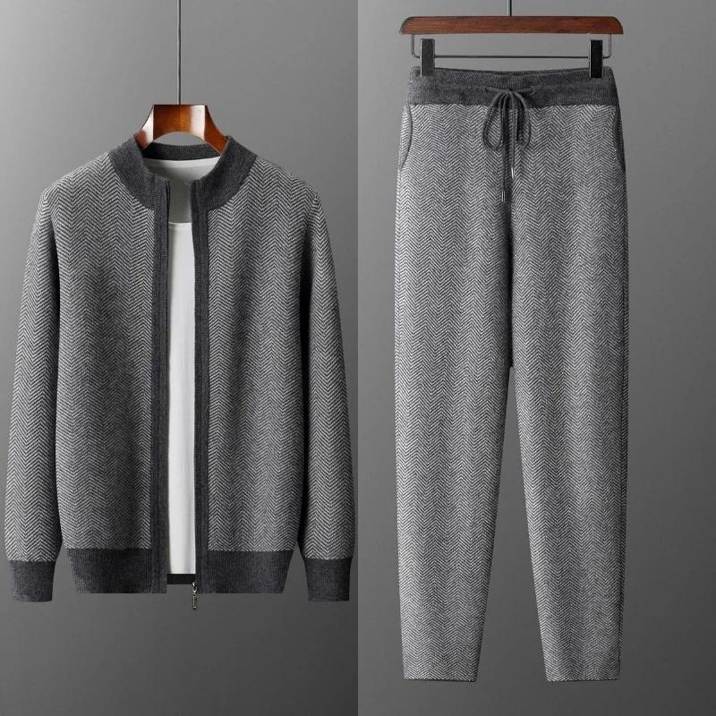 Men Zippers 100% Merino Wool Sweater Cardigan Pants Autumn Winter Knitted Thick Soft Herringbone Color Blocking Pencil Trousers