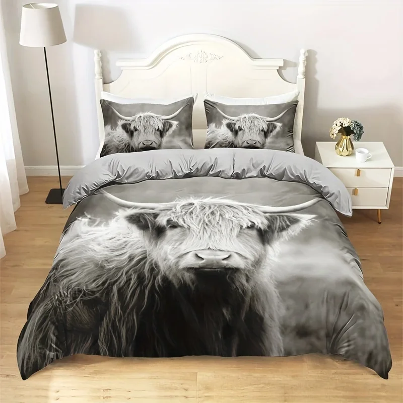 2/3PCS Highland Cow King Size Bedding Set Digital Print Duvet Cover with Pillowcase Fashion Field Style Home Decor for Bedroo