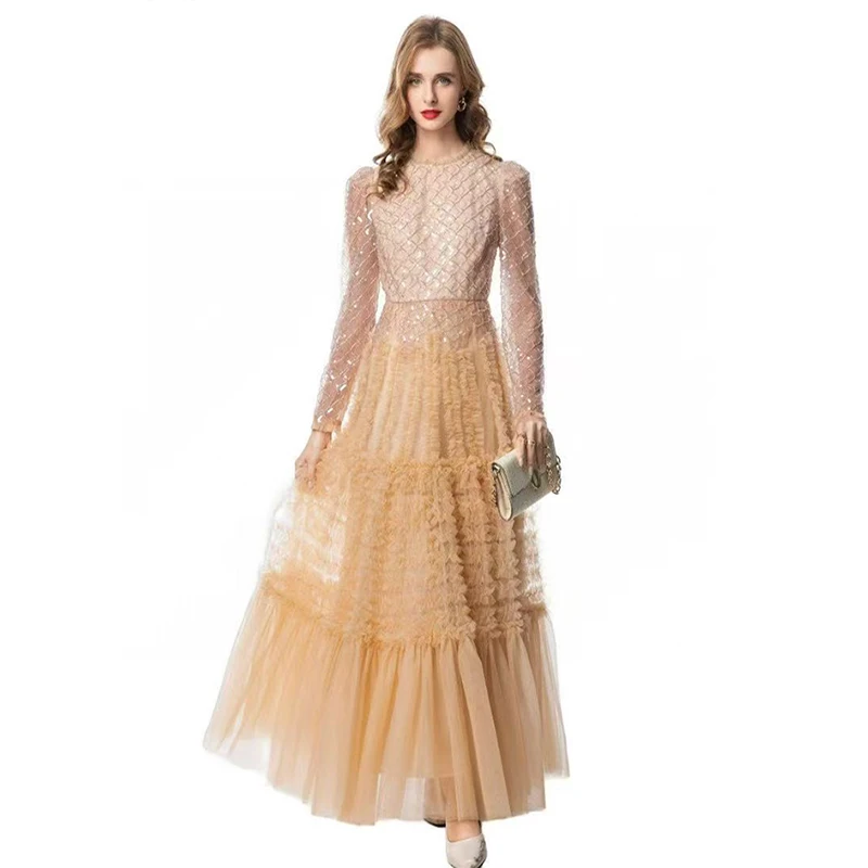 Autumn New Fairy Style O-Neck Beading Splicing Lotus Leaf Lace Long Sleeve Fashionable Shiny Evening Party Women's Dress S-3XL