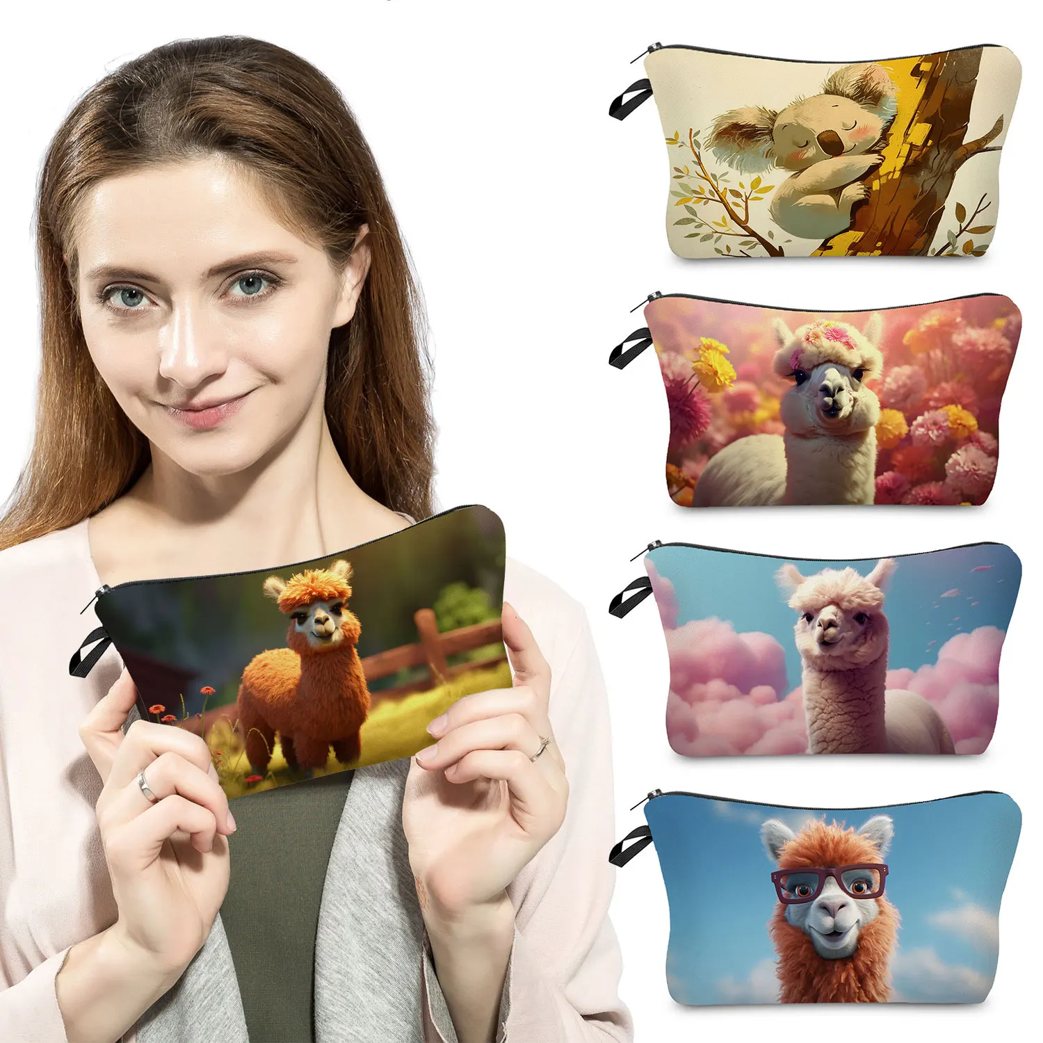 Alpaca Sloth Koala Print Makeup Bags Kawaii Animal Graphic Travel Toiletry Bags Portable Storage Bags Casual Zipper Cosmetic Bag