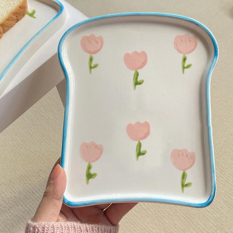 Korean Style Ins Ceramic Plate Creative Toast Shape Floral Porcelain Tableware Breakfast Bread Fruit Cake Dessert Plates