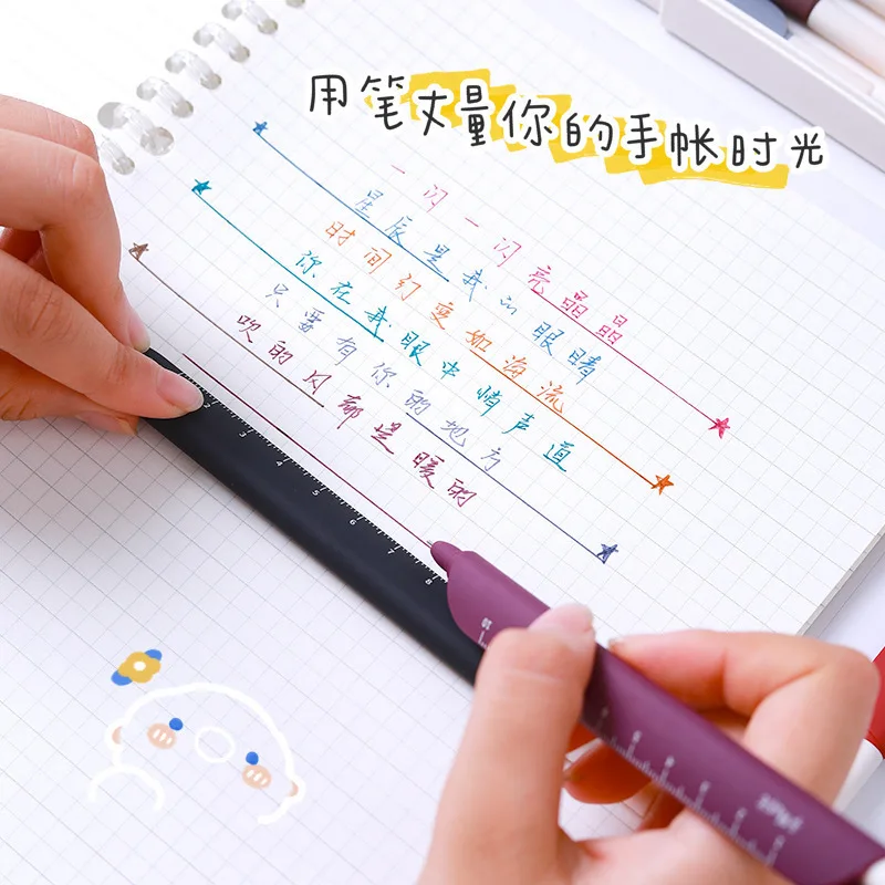 5pc/Lot Kawaii Gel Pen 0.5MM Color Ink 3 in 1 Multifunction Cartoon Retro Ruler Bookmark Pучка Office Stationery Supplies