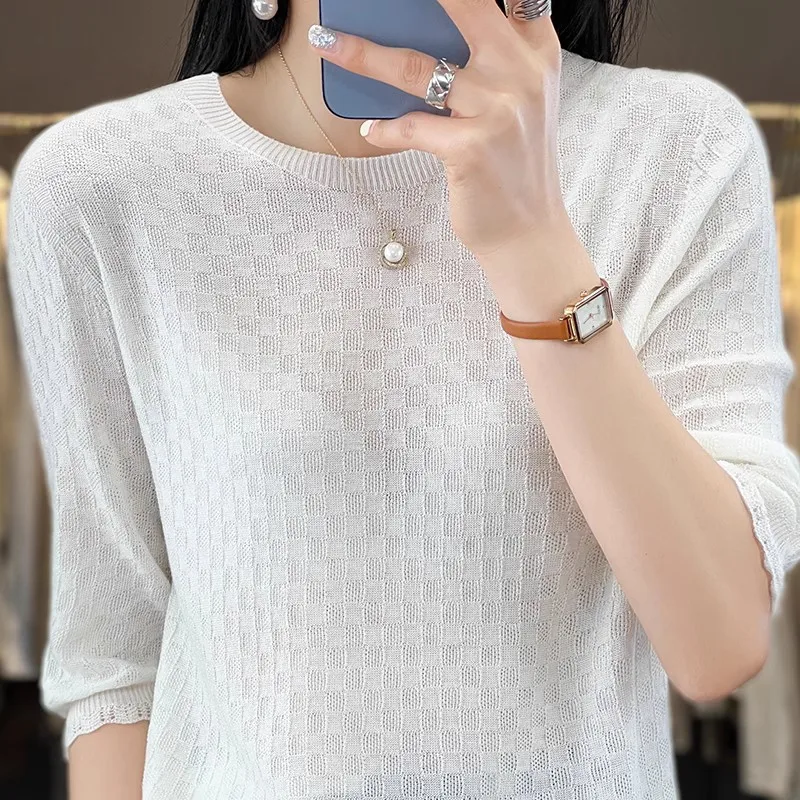 سترة نسائية دائرية Ne ort Sve رفيعة ومتوسطة الحجم وقاعدة غزل يانغزي محبوكة irt خمسة Sve طول للتنقل Sle Pu...