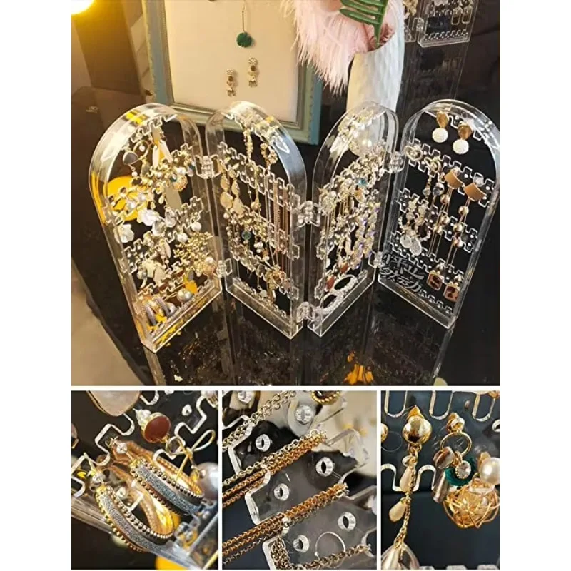 4 doors foldable screen necklace display stand, hanging jewelry storage double-sided bracket display