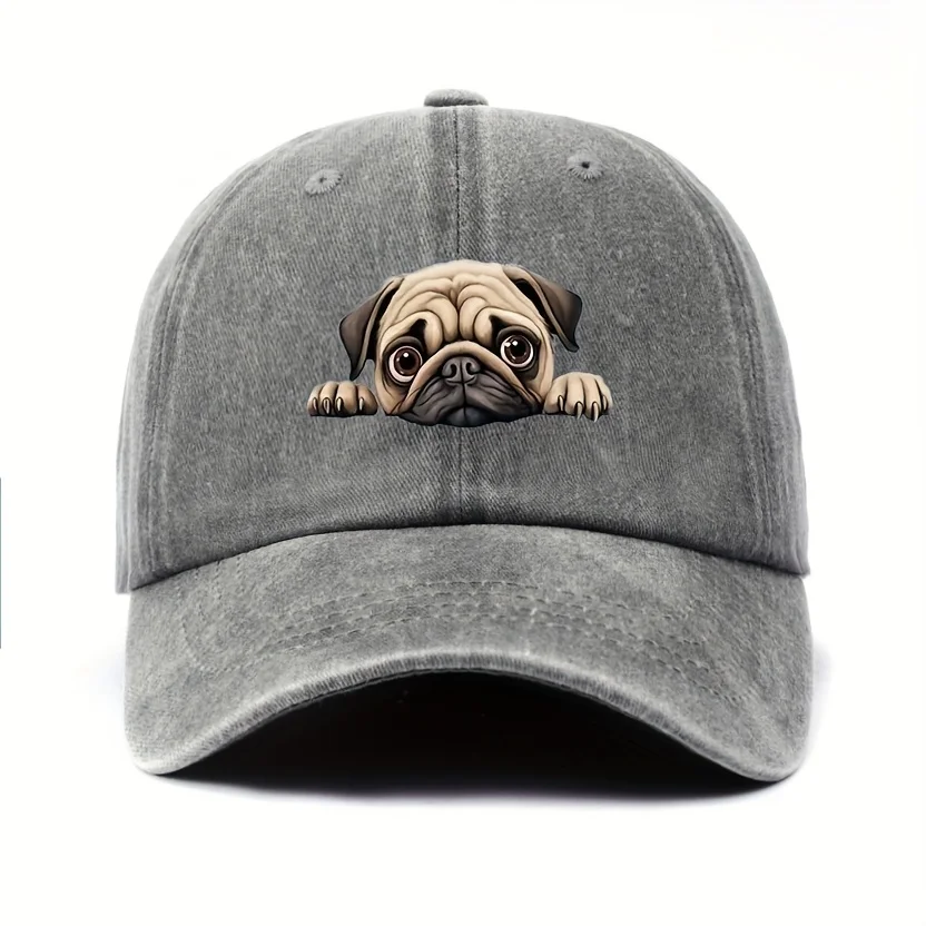 

Charming Pug-Themed Baseball Cap - Light Grey Adjustable Dad Hat Featuring a Cartoon Pug Design, Perfect for St. Patrick'S Day O
