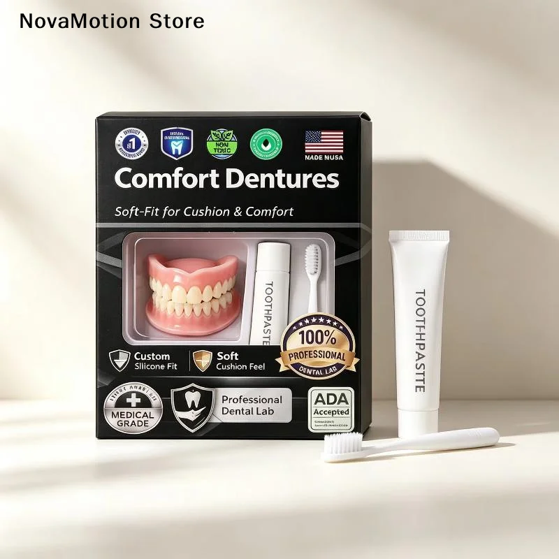 [NM]1Set Upper Lower Natural Ivory False Teeth Sets Moldable Silicone Denture Kit Instant Smile With Free Toothbrush Toothpaste