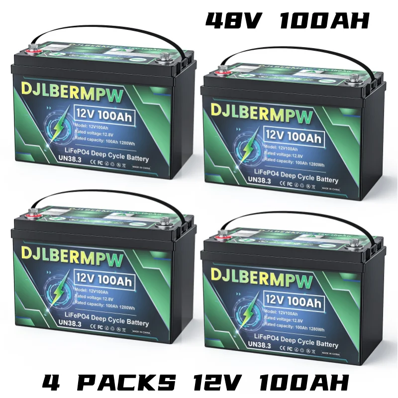 

DJLBERMPW 4 Packs LiFePO4 Battery 12-48V 100Ah Solar System Home Lithium Iron Phosphate Batteries for RV Golf Carts