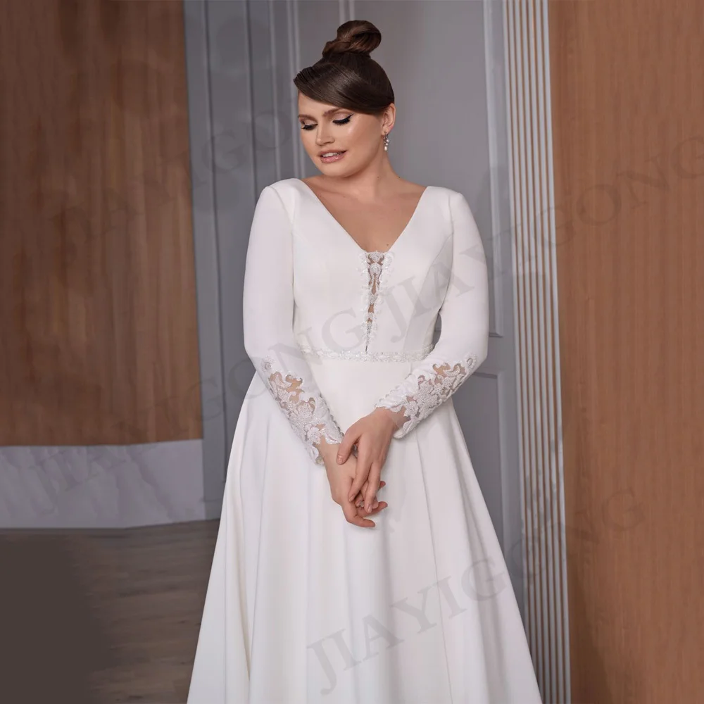 Fashion Wedding Dress Jiayigong V Neck Sequin Applique Long Sleeves Sweep Train A Line Jersey Stretch Modern Bridal Gown Custom