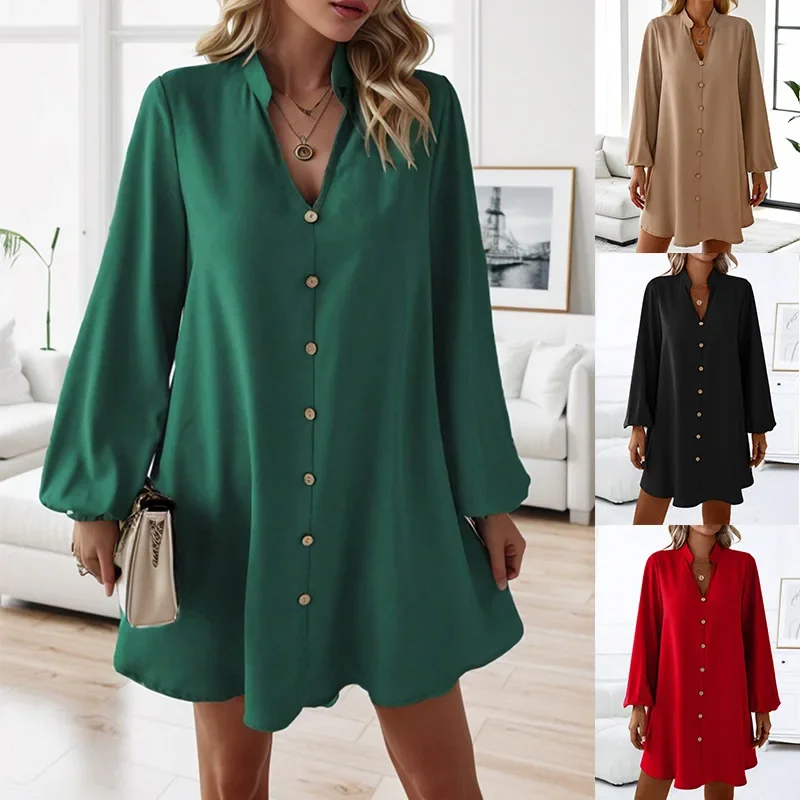 

Long Sleeved V Neck Single Breasted Women Party Female Fashion High Waist A Line Office Lady Casual Vestidos Green Chic Dress