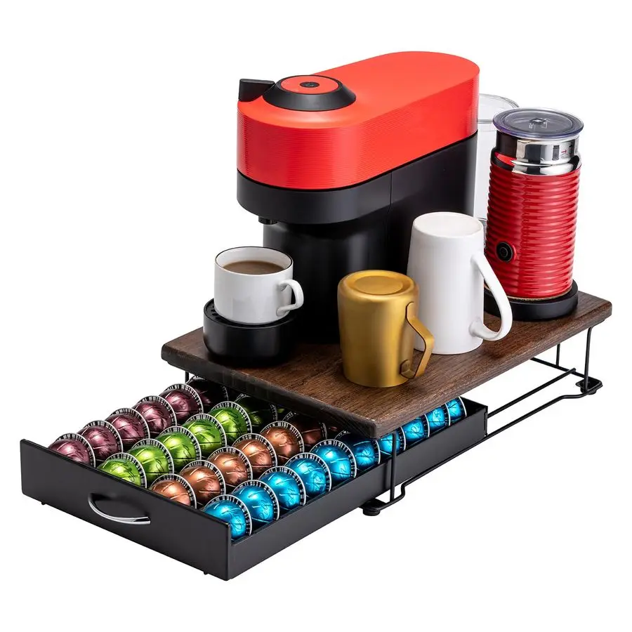 

Подставка для кофейных капсул Nespresso Vertuo, органайзер для кофейных капсул, современный стиль, подставка для кофемашины с деревянной столешницей, вместимость 40 капсул.