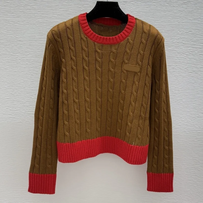 

High-quality color-matched spiral-patterned women's pullover with patch logo round-neck simple sweater 251028130