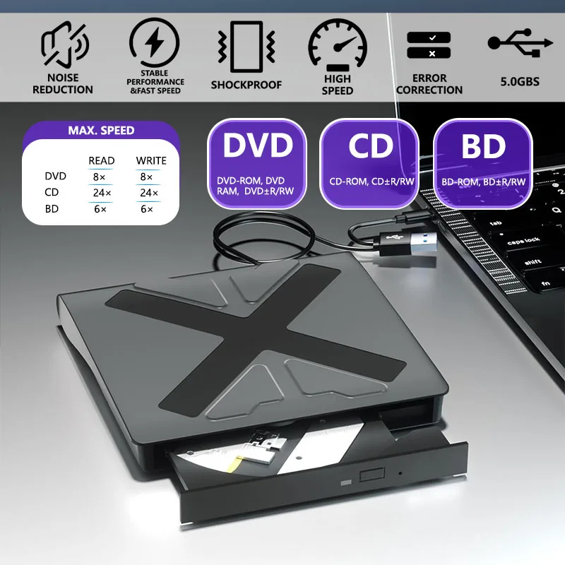 Imagem -02 - Blu-ray Externa para Laptop pc Portátil Dvd cd bd Player Leitor Escritor Unidades Ópticas Compatível com Windows 11 10 Mac Unidade