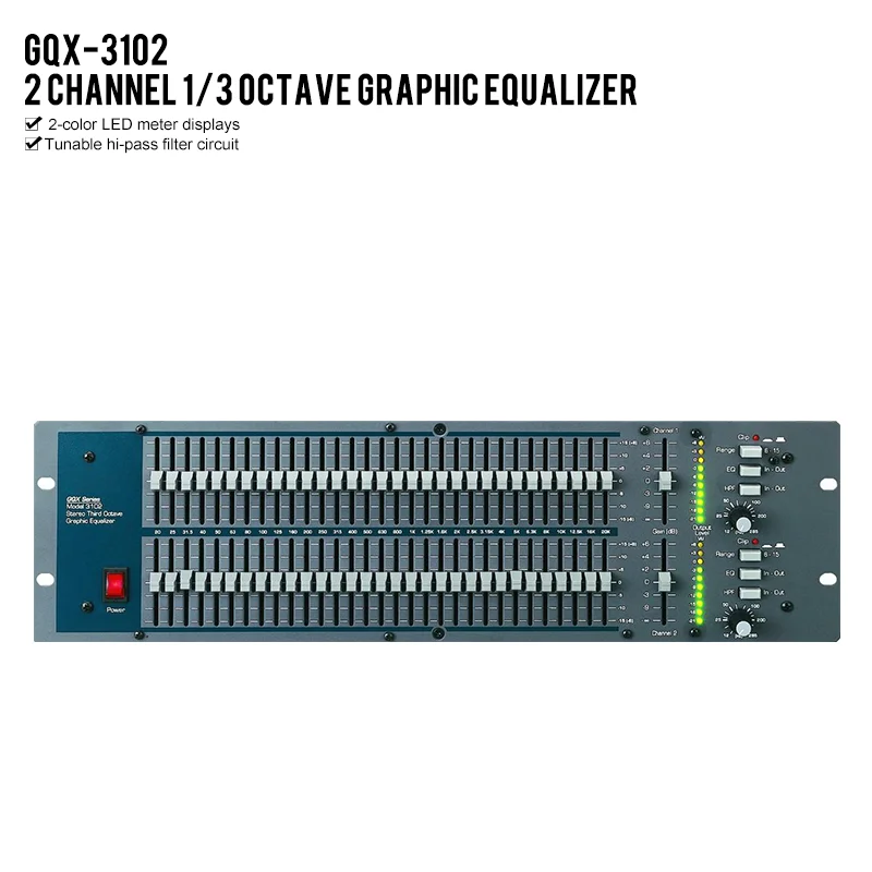 

GQX-3102 профессиональное студийное оборудование 2-канальное двухдиапазонное 31-полосное Профессиональное стерео аудио Эквалайзер EQ оборудование Dj звуковая система