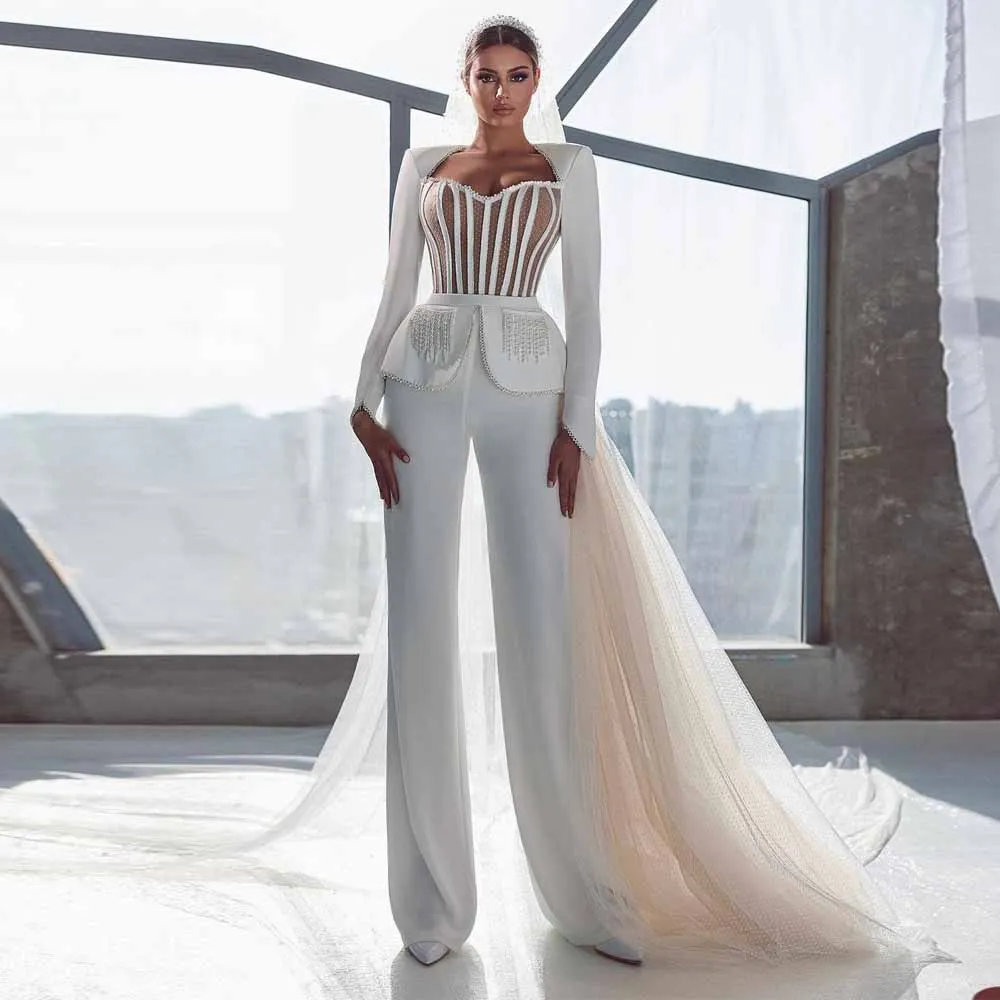 Beaded Stain Princess Wedding Jumpsuit Dresses with Overskirt Long Sleeve Boning top Sweetheart Bridal Outfit with Pant Suit