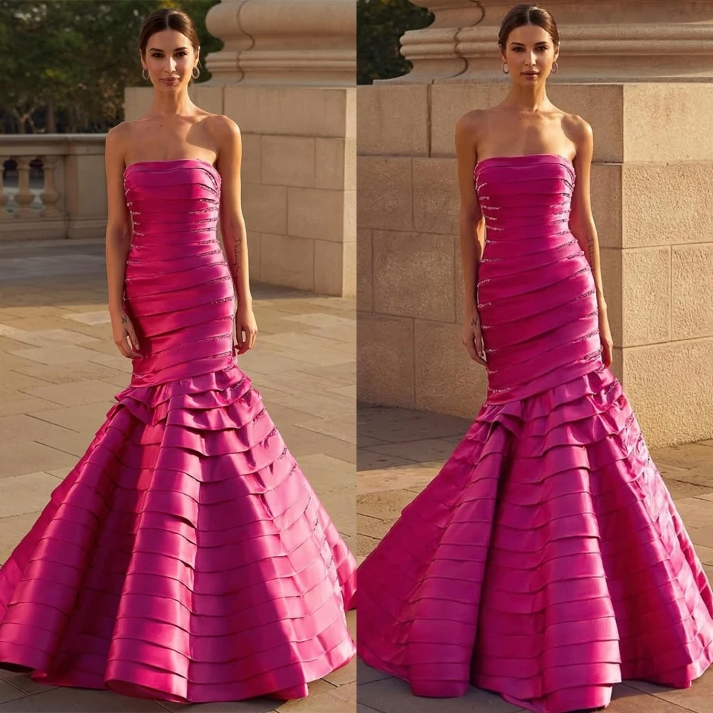 Personalizado moderno cetim sem alças vestido de noite delicado sem mangas vestidos de baile luxo varredura trem vestidos de ocasião especial