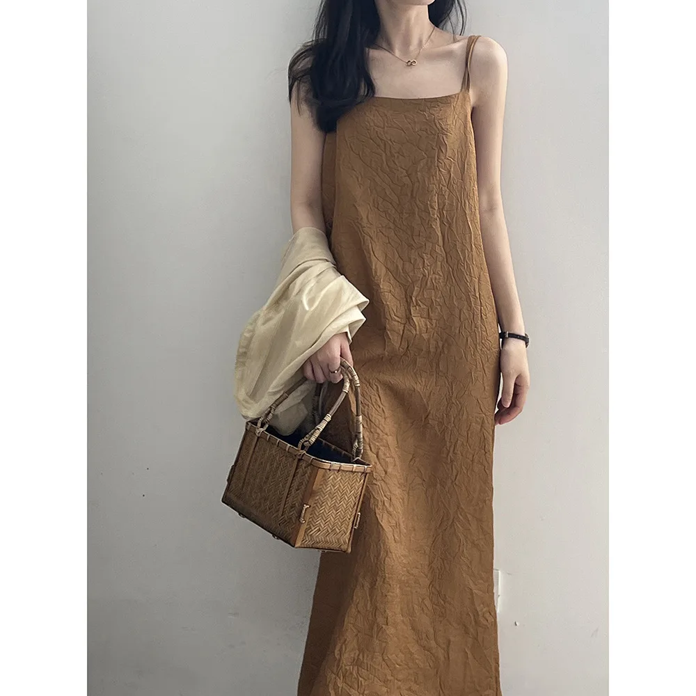 

Summer women's suspender dress pleated loose one-word collar long