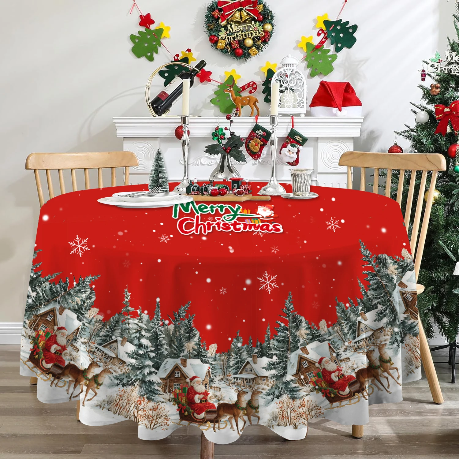 

1 Pcs Red Christmas Tablecloth Winter Snowman & House Design Washable Holiday Table Cover for Party Picnic Dinner Decor