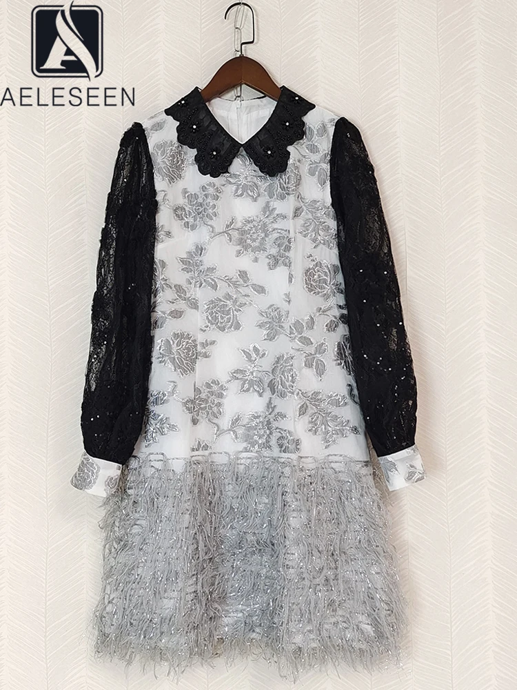 

AELESEEN High Quality Midi Dress Women Spring Summer Turn-down Collar Flowe Jacquard Beading Lace Patchwork Feather A-Line Party