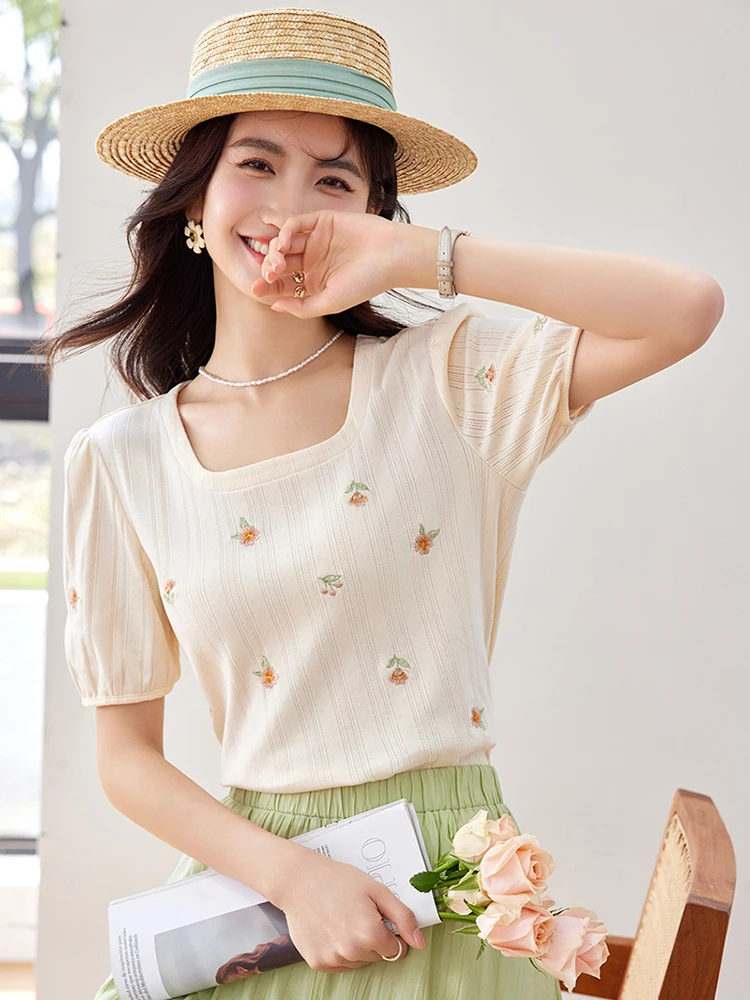 Solid Color Square Collar Short-sleeved T-shirt for Women Summer New Sweet Printed Slim Tops Casual Versatile Fashion T-shirt