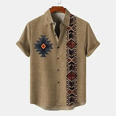 2024 Comfortable Bamboo Linen Retro Ethnic Totem Print Men\'s Short Sleeve Shirt Hawaiian Casual Loose Handsome Lapel Men\'s Tops