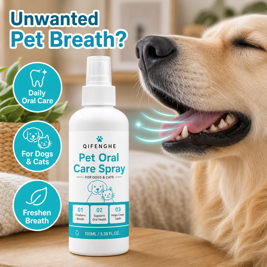 QIFENGHE Pet Oral Care Spray 100ml, Fresh Breath Oral Spray for Dogs & Cats, Helps Clean Teeth, Daily Pet Mouth Care, Easy to Us