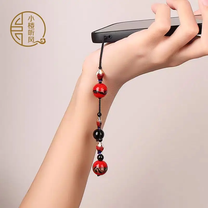 Red Ancient Style Cloisonne USB Drive Pendant with Car Keychain Phone Lanyard and Coin Purse Charm Traditional Decorative Gift