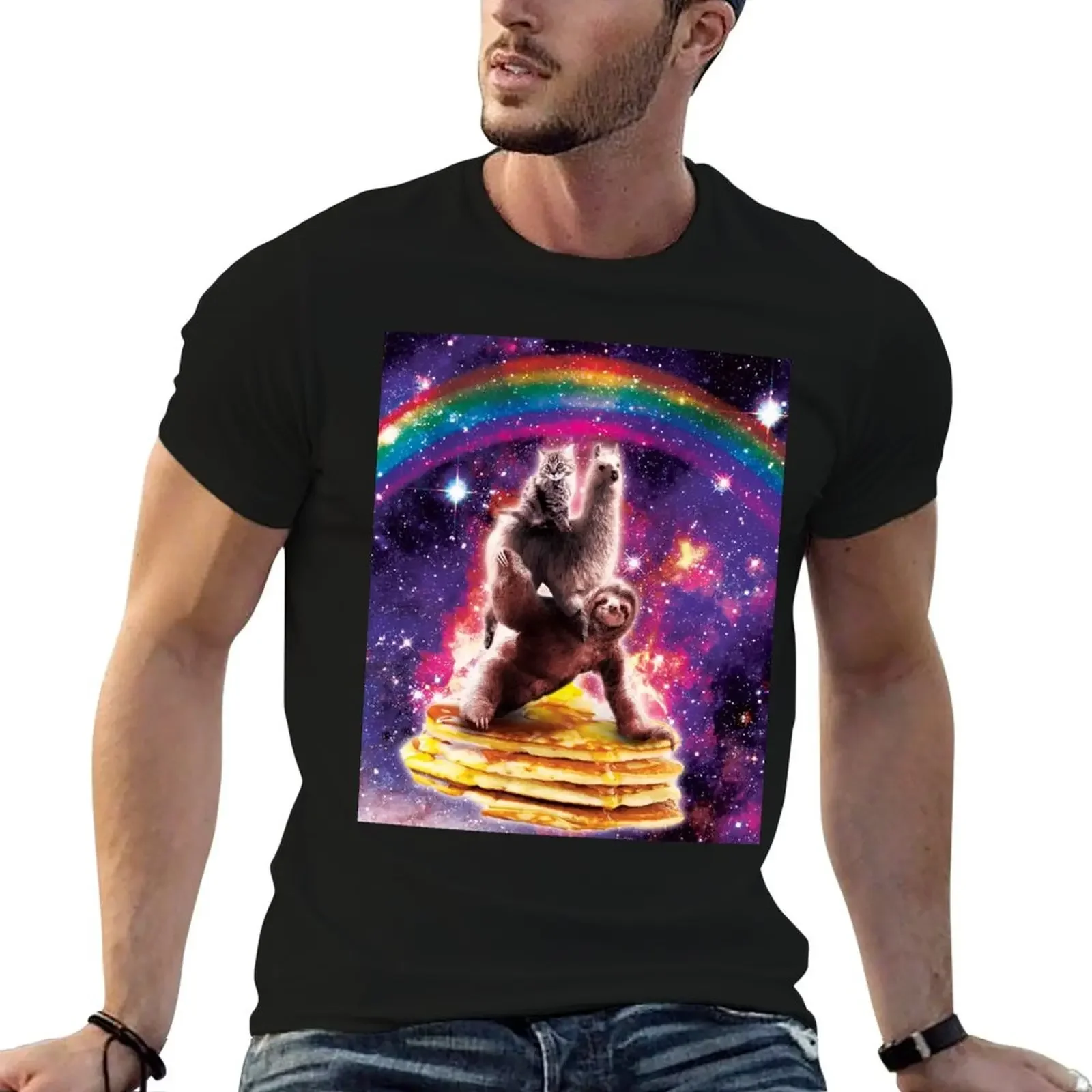 

Space Cat Llama Sloth Riding Pancakes T-Shirt Aesthetic clothing designer shirts cute tops men clothing