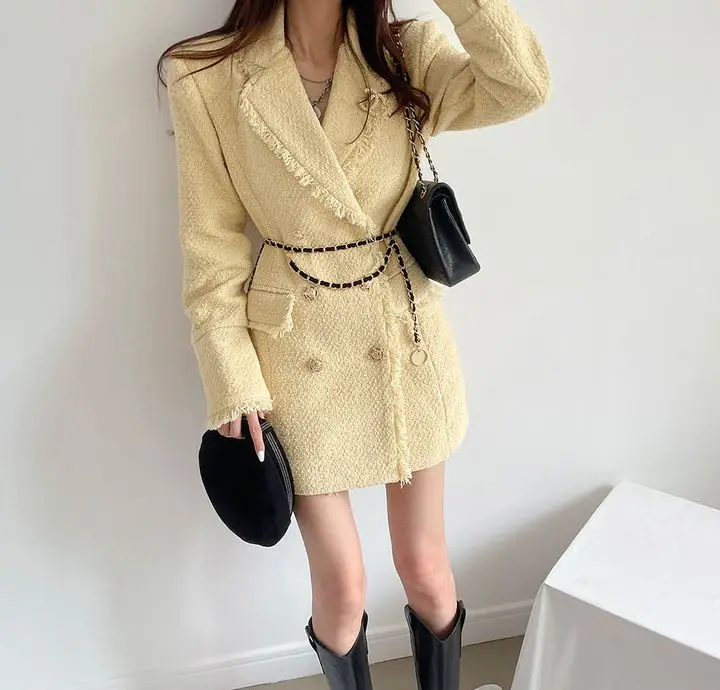 Tassels Pocket Bouble-Breasted Women Long Tweed Suit Dress Coat Long Sleeve Winter 2022 New Elegant Fashion Vintage Lady Jacket