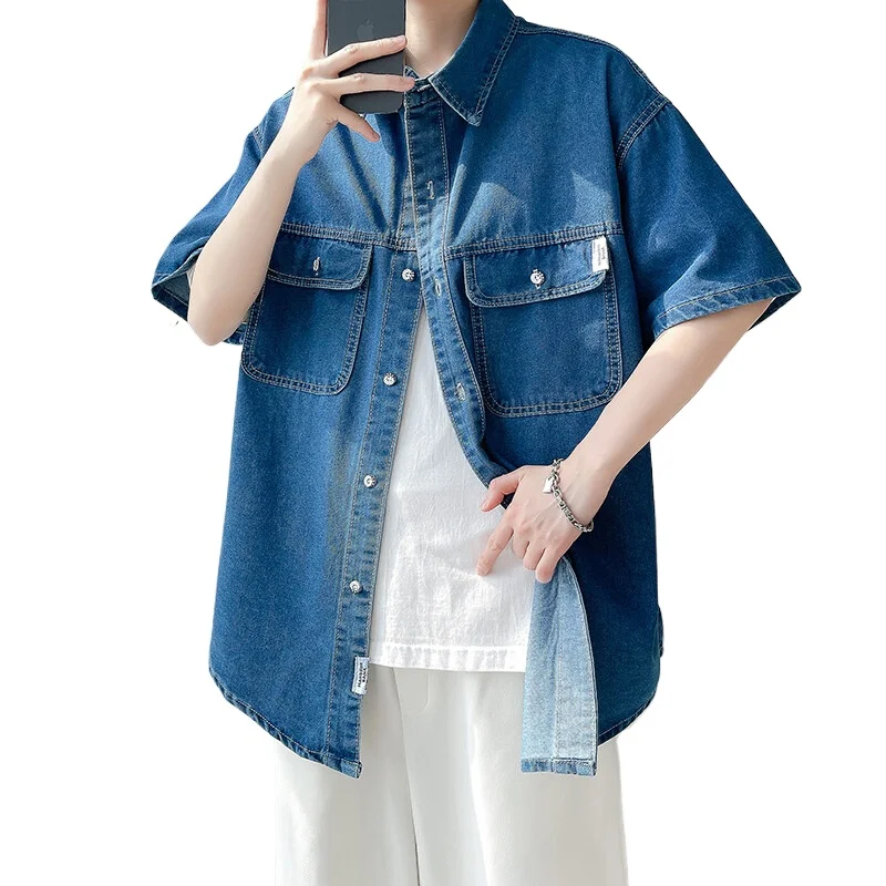 

Модная мужская джинсовая рубашка, повседневная рубашка с короткими рукавами и дышащей тканью из чистого хлопка, удобный мужской топ на лето