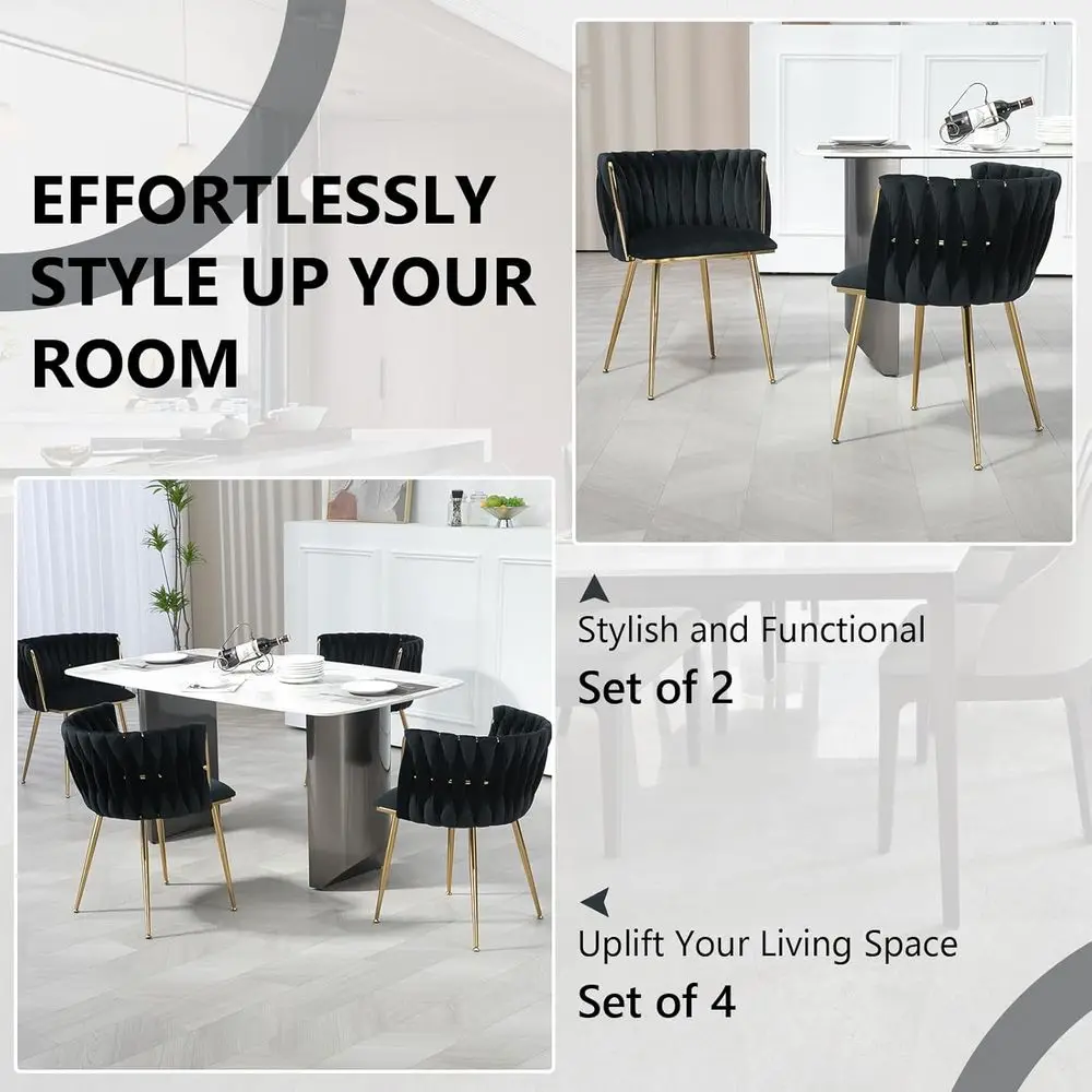 ern Hand Weaving Dining Chairs Set o 4, Velvet Upholstered Side Chairs with Gold Legs, Chic Vanity Chairs with Armrest, Accent C view 6