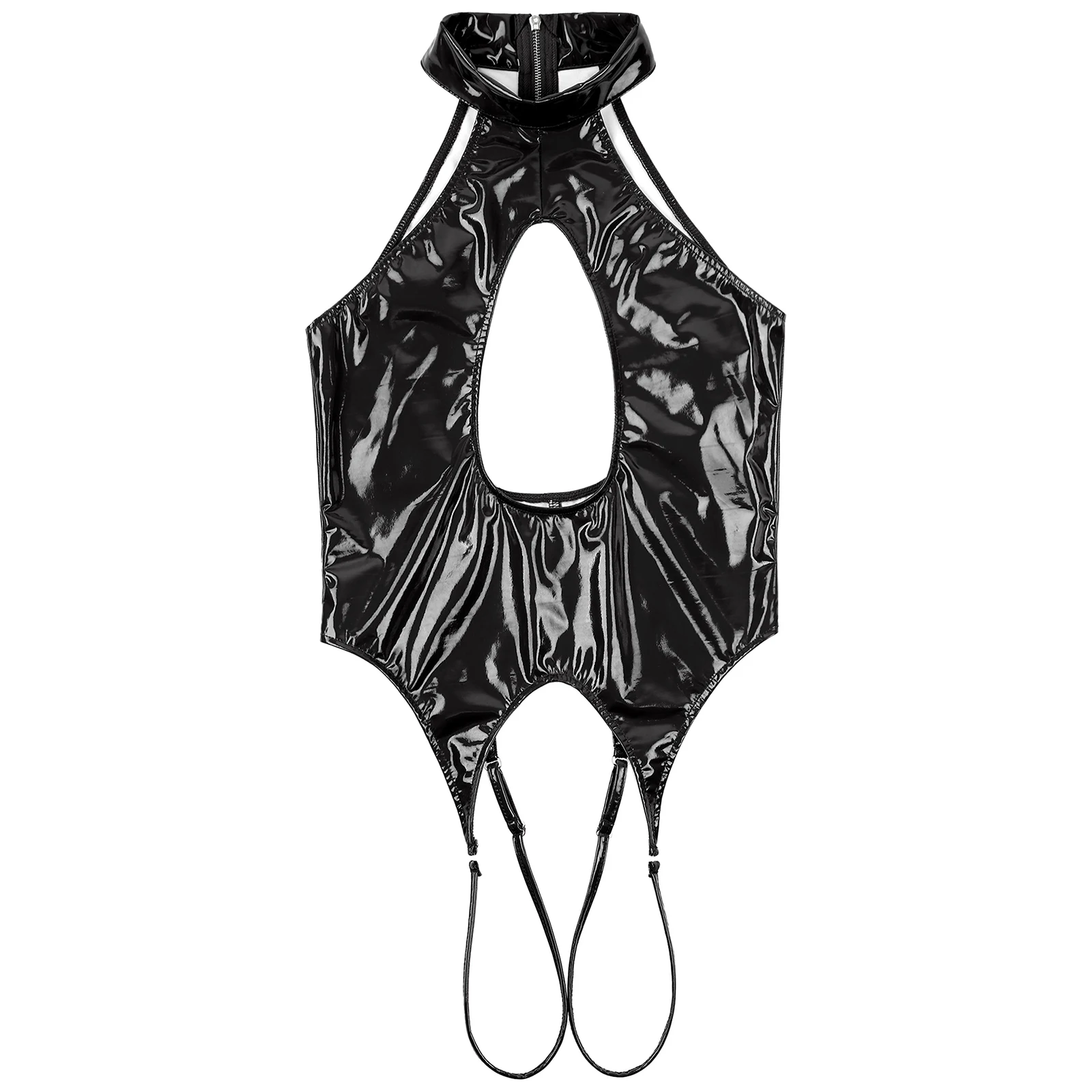 Mens Wetlook Patent Leather One Piece Bodysuits Halter Cutout Front and Back Crotchless Lingerie Sexy Teddy Club Dancewear