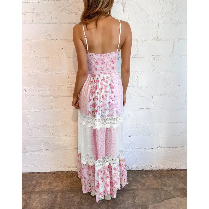 Combhasaki Damen-Sommerkleid, durchsichtige Spitze, gewellter Besatz, Blumenmuster, Patchwork, verstellbare Träger, V-Ausschnitt, fließendes A-Linien-Cami-Slip-langes Kleid