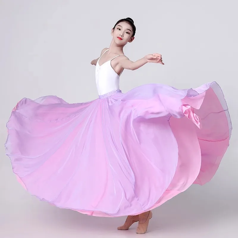 Trajes de baile flamenco verde de 720 grados, falda larga de baile de salón de doble capa para mujer, traje de actuación de danza clásica española