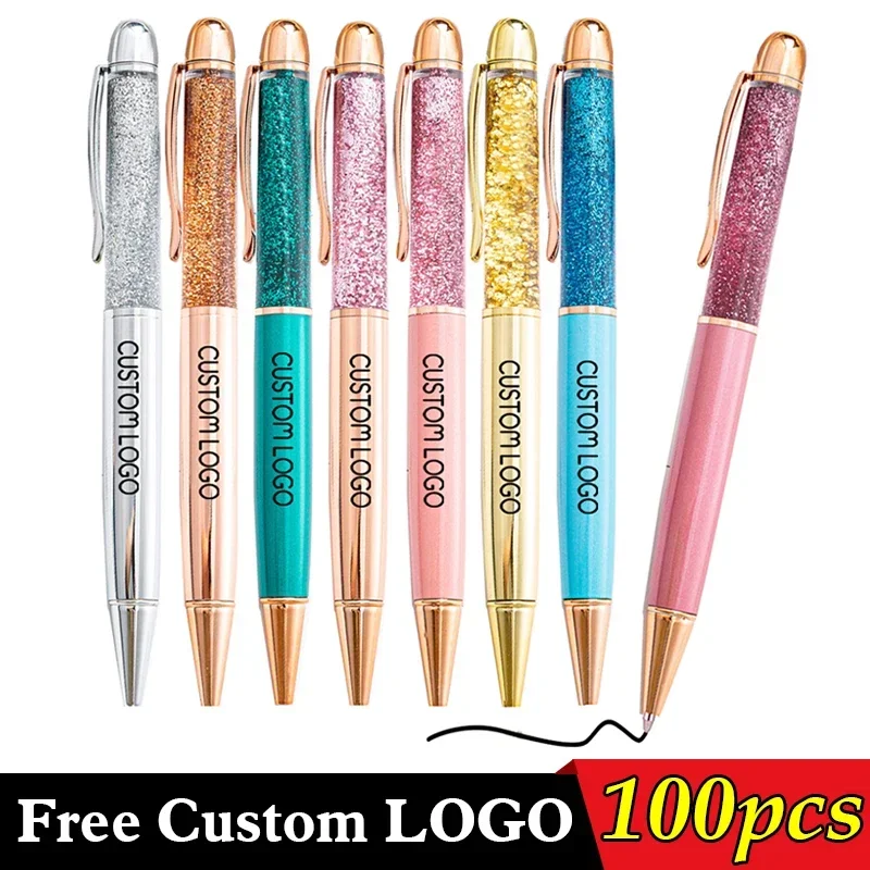 100 Pcs Luxury Colorful Quicksand Creative Metal Crystal Ballpoint Pen Office Birthday Gifts Custom Logo Engraved Name Rose Gold