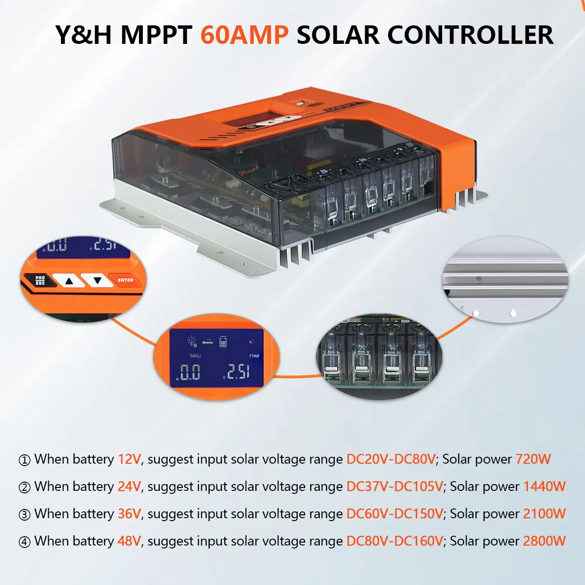 Y&H MPPT 20A 40A 60A Solar Charger Controller 12V 24V 36V 48V Battery Solar Panel Regulator For AGM, Gel, Flooded and Li