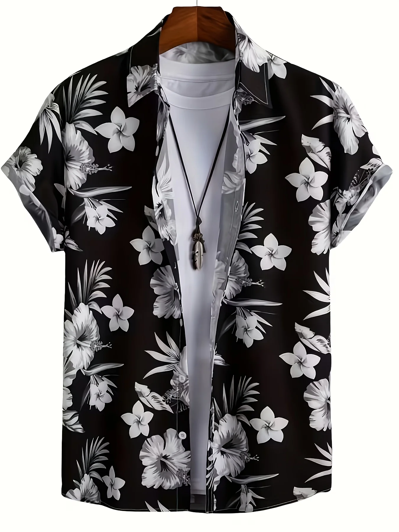 Herren Schwarz-Weißes Plumeria-Palmblatt Einfaches Tropisches Strand-Kurzarmhemd