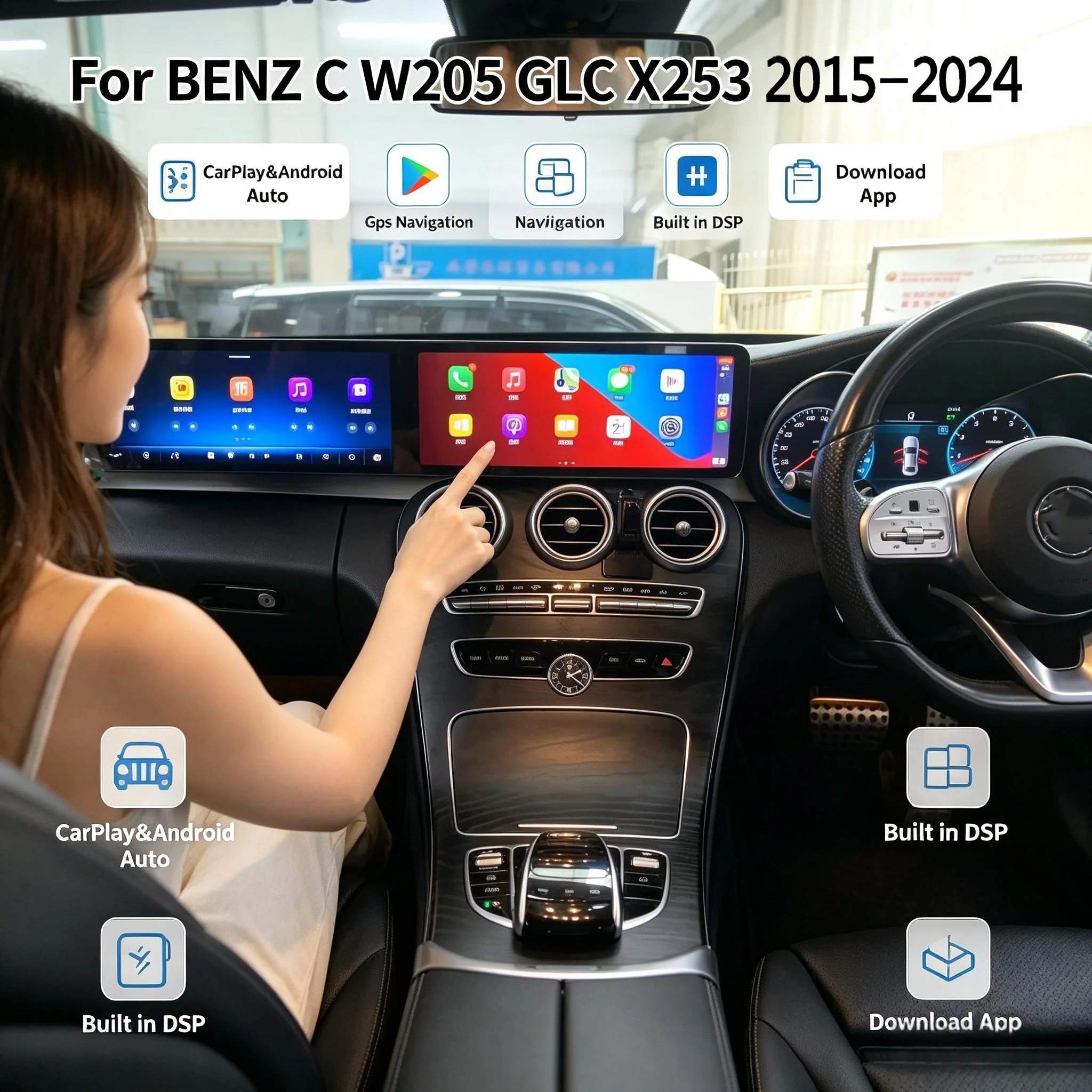 Dual-Screen-Autonavigation GPS für BENZ C W205 GLC X253 2015-2024 Android Autoradio Wireless Carplay Multimedia Player 24,6 Zoll