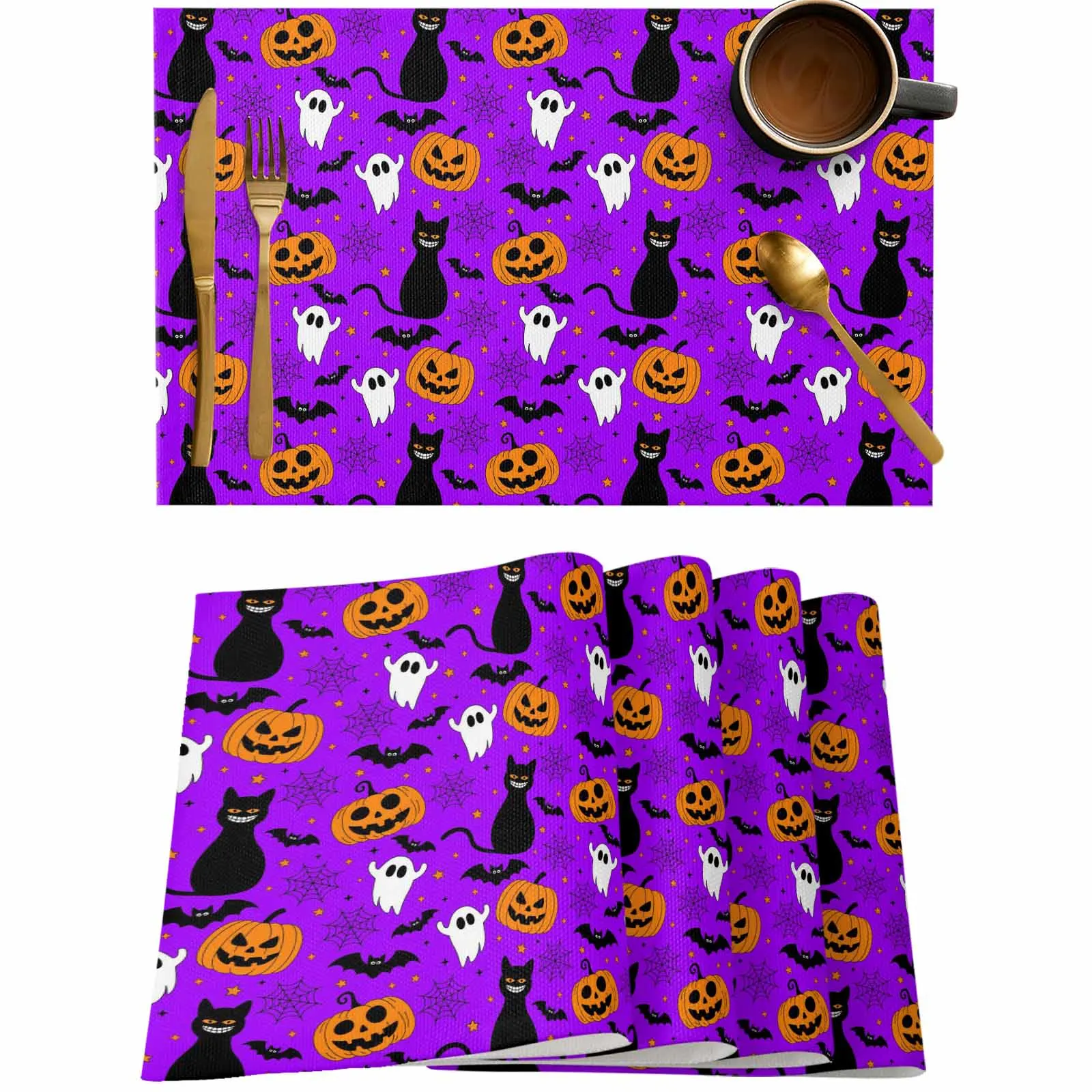 

4/6 Pcs Purple Halloween Cat Ghost Bat Placemat Wedding Party Dining Decor Linen Table Mat Kitchen Accessories